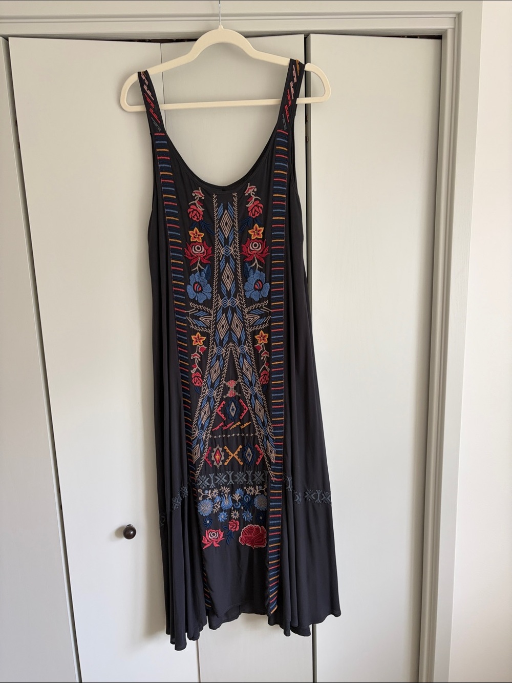 Johnny Was Midi Dress with Colorful Embroidered Panels